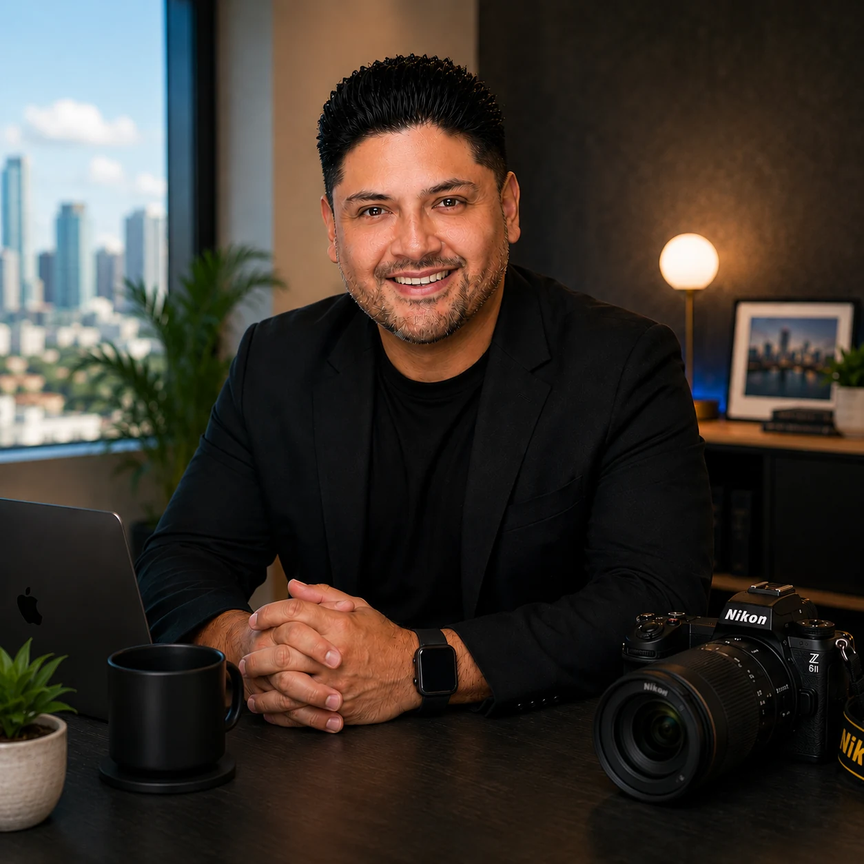 Jorge, founder and creative director of Miami Tech Media, in a modern workspace overlooking the Miami skyline.